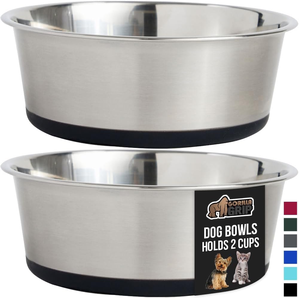 GORILLA GRIP Set of 2 Dog Bowls, Heavy Duty Metal Food and Water Bowl for Feeding Dogs and Cats, Dishwasher Safe, Rust Resistant Stainless Steel, BPA Free Rubber Base, Holds 2 Cups (16 fl oz), Black - Image 2