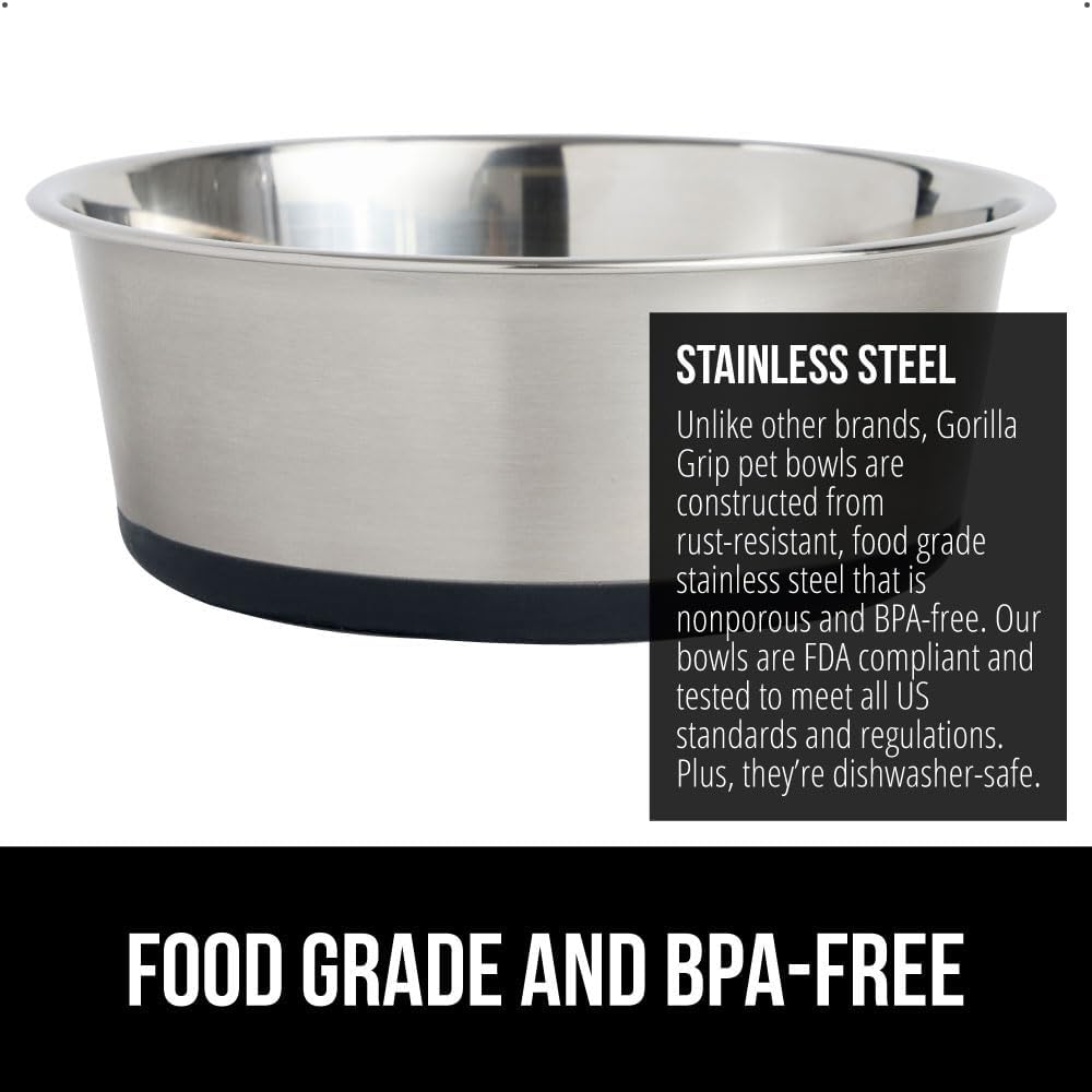 GORILLA GRIP Set of 2 Dog Bowls, Heavy Duty Metal Food and Water Bowl for Feeding Dogs and Cats, Dishwasher Safe, Rust Resistant Stainless Steel, BPA Free Rubber Base, Holds 2 Cups (16 fl oz), Black - Image 4
