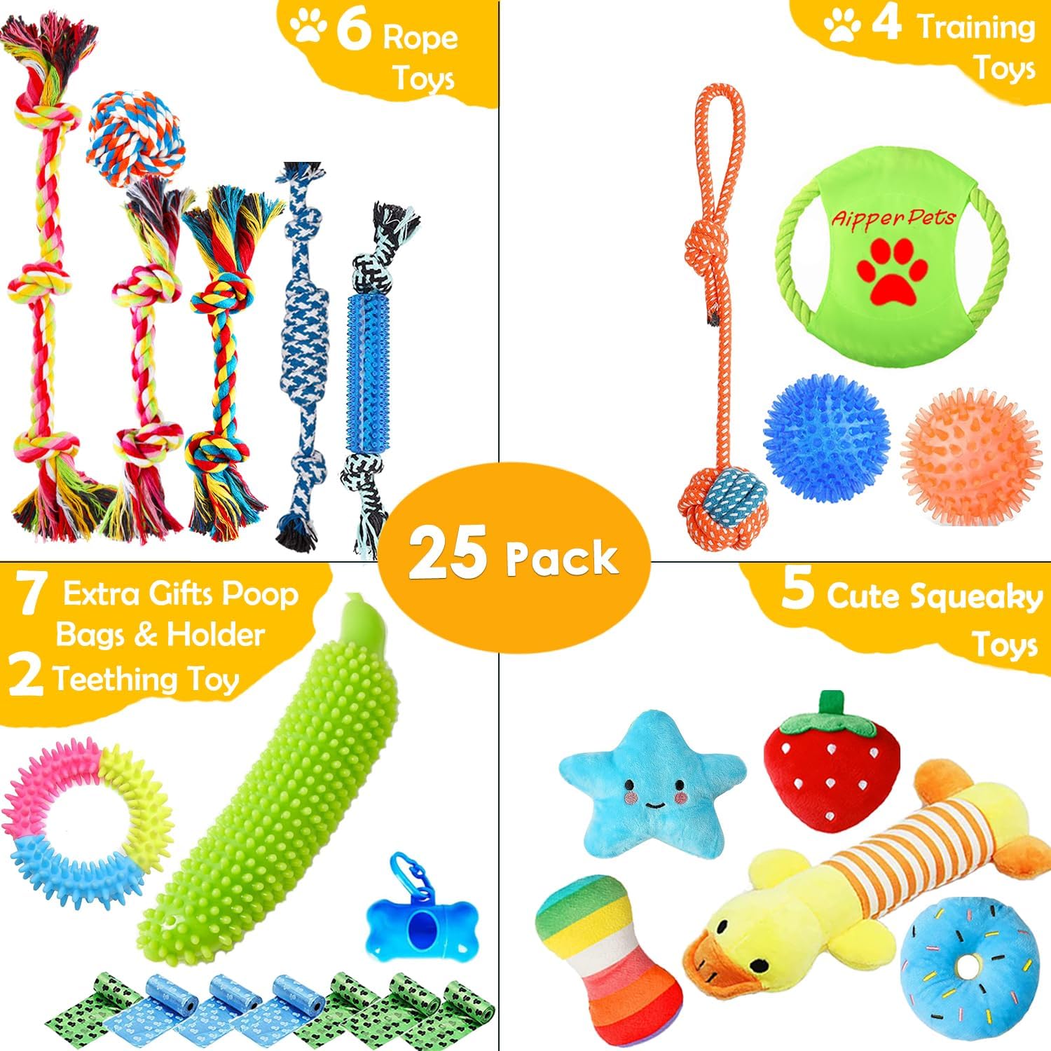 Dog Toys 25 Pack for Fun and Teeth Cleaning, Puppy Chew Toys Pack with Squeak Plush Toy,Squeaky Toy Balls,Tug of War and Rope Toys for Puppy to Small Dogs - Image 3