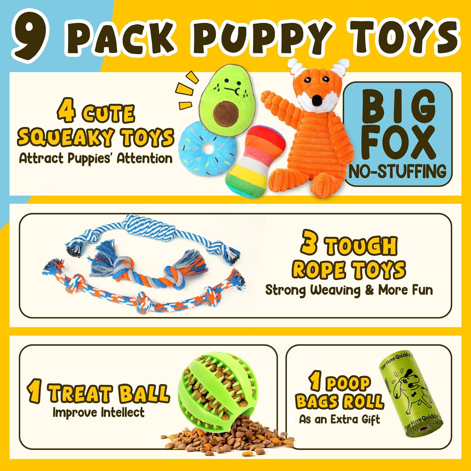 Zeaxuie 9 Pack Luxury Puppy Toys for Teething Small Dogs, Puppy Chew Toys with Cute Squeaky Dog Toys, Ball and More Rope Dog Chew Toys - Image 3