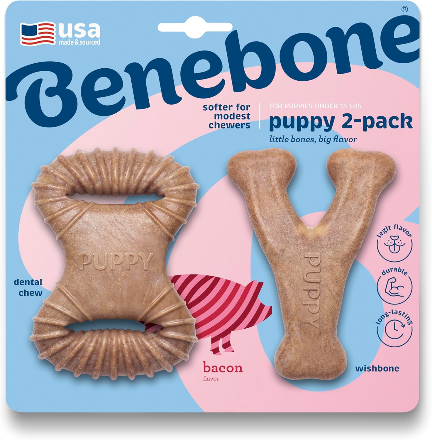 Benebone Puppy 2-Pack Dental Chew/Wishbone Dog Chew Toys, Made in USA, Real Bacon Flavor - Image 2