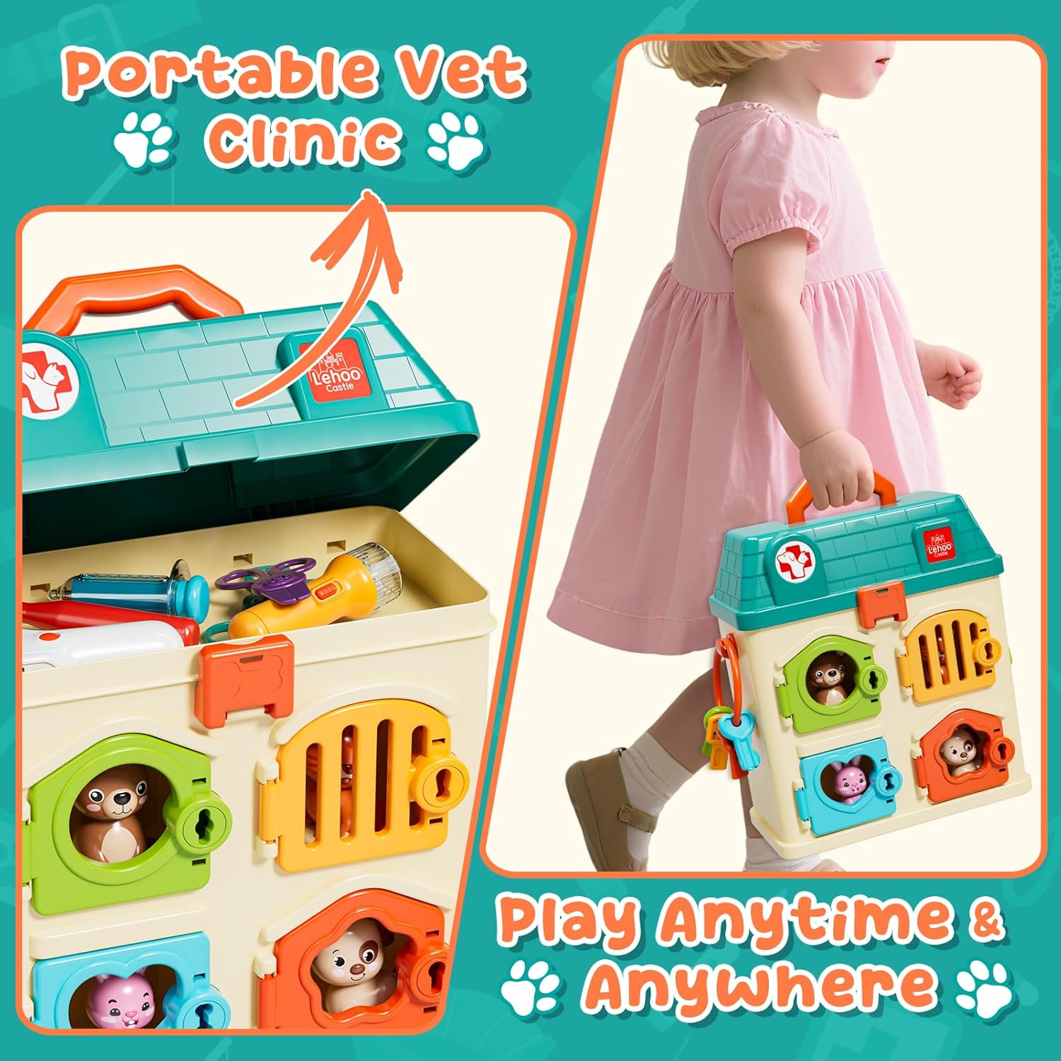 Lehoo Castle Veterinarian Playset for Kids Girls, Pretend Play Toys for Toddlers 1-3, Critter Clinic Toy with Keys, Doctor Kit for Toddlers 3-5 Pet Vet Toys, Gifts for 3 4 5 + Year Old Girl Boys - Image 8