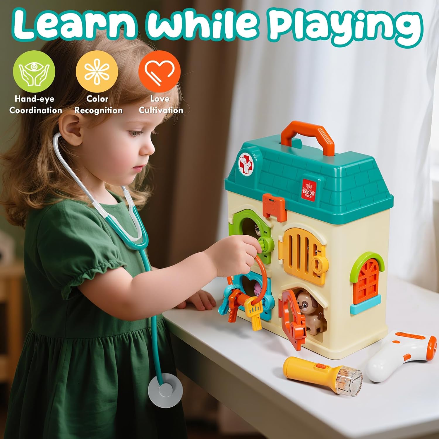 Lehoo Castle Veterinarian Playset for Kids Girls, Pretend Play Toys for Toddlers 1-3, Critter Clinic Toy with Keys, Doctor Kit for Toddlers 3-5 Pet Vet Toys, Gifts for 3 4 5 + Year Old Girl Boys - Image 9
