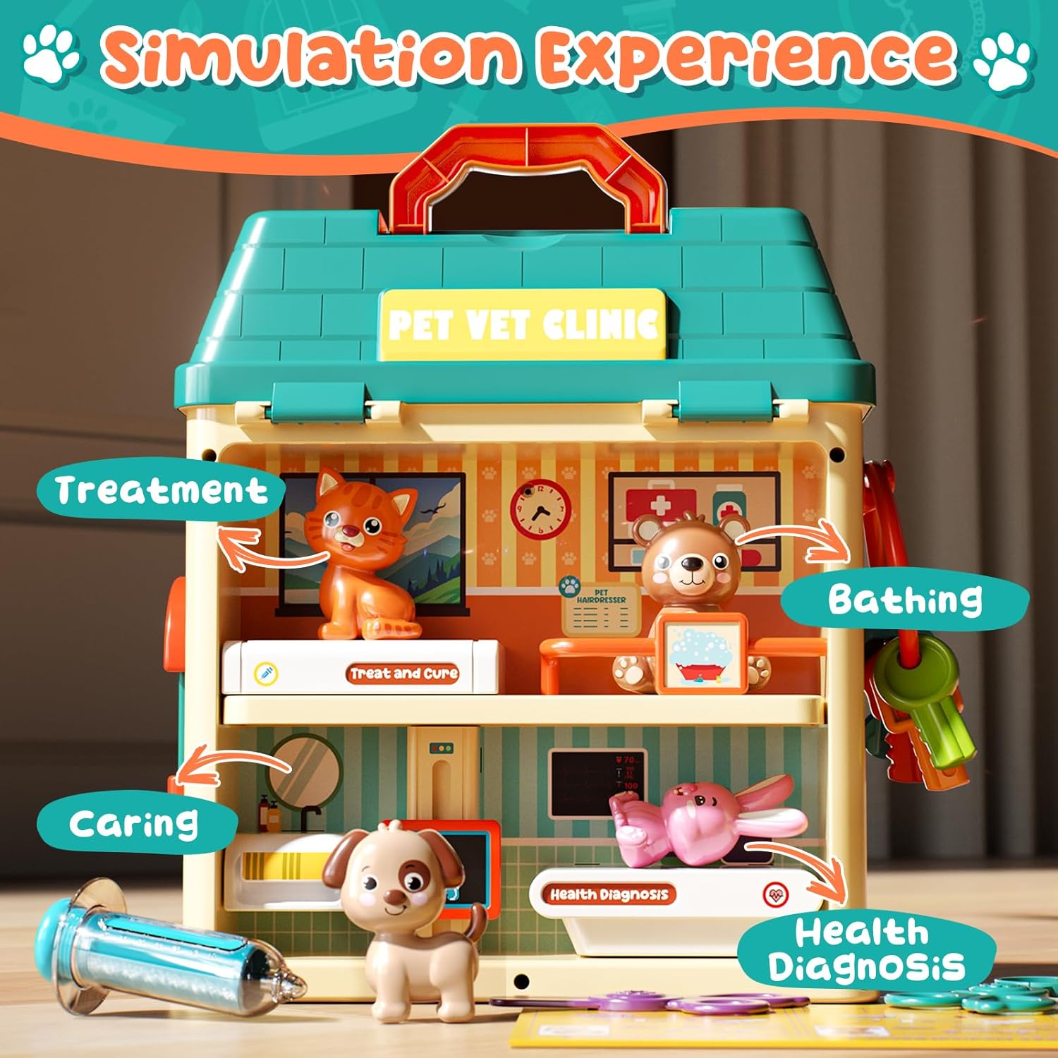 Lehoo Castle Veterinarian Playset for Kids Girls, Pretend Play Toys for Toddlers 1-3, Critter Clinic Toy with Keys, Doctor Kit for Toddlers 3-5 Pet Vet Toys, Gifts for 3 4 5 + Year Old Girl Boys - Image 6