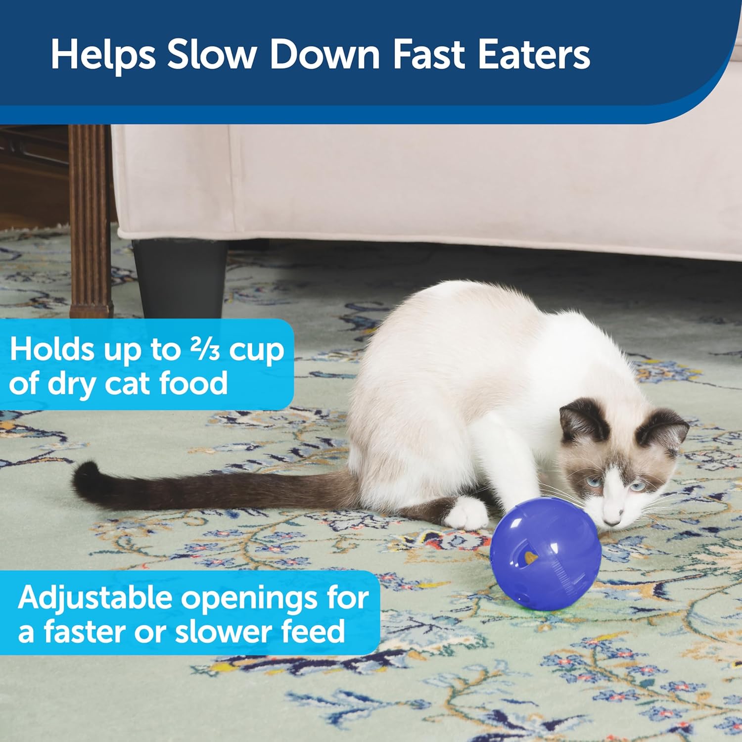 PetSafe Slimcat Slow Feeder Ball for Cats - Interactive Puzzle Game for Your Cat - Fill with Food and Treats - Great for Indoor Play for Kittens and Adult Cats, Portion Control and Fast Eaters (Blue) - Image 3
