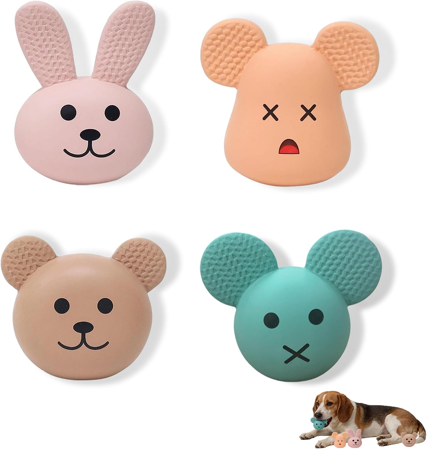 Natural Latex Dog Toys 4-in-1 Set - Bunny & Bear Face Squeaky Teething Clean Puppy Toys, Non-Toxic Fresh Scented Calming Toys for Small Medium Dogs, Interactive Pet Toys with Funny Faces Gift Pack - Image 2