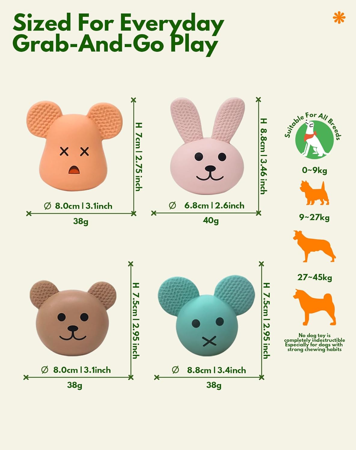 Natural Latex Dog Toys 4-in-1 Set - Bunny & Bear Face Squeaky Teething Clean Puppy Toys, Non-Toxic Fresh Scented Calming Toys for Small Medium Dogs, Interactive Pet Toys with Funny Faces Gift Pack - Image 7