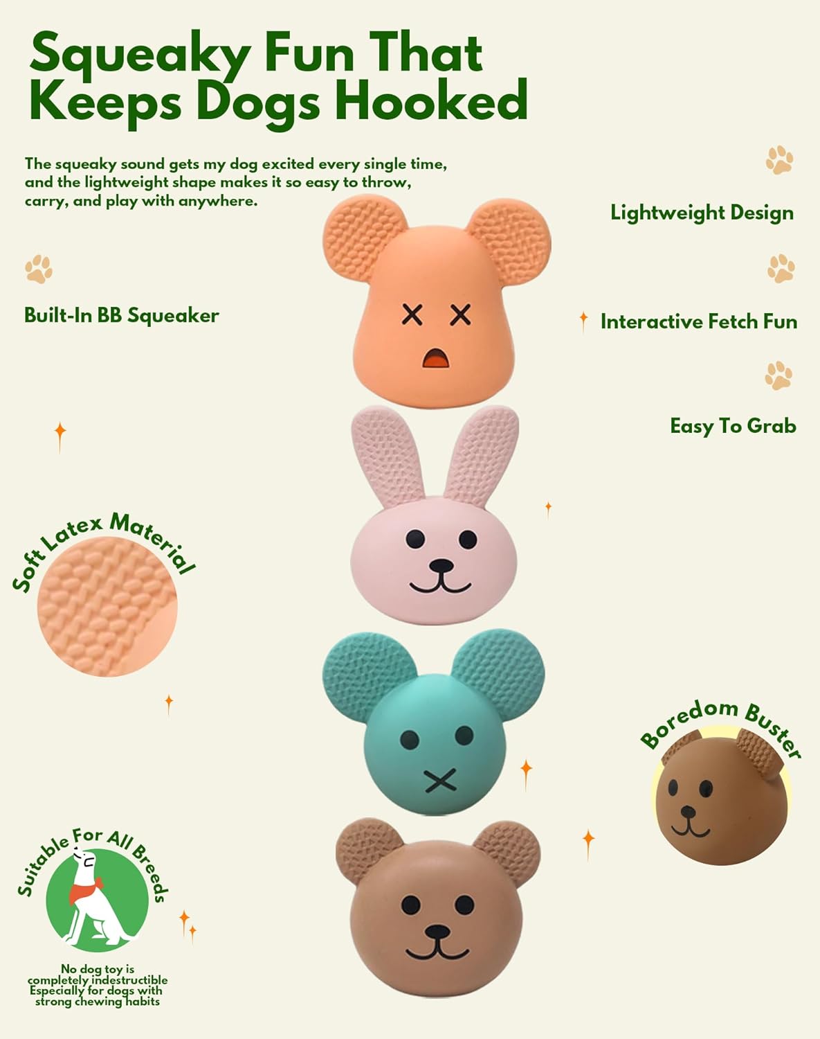 Natural Latex Dog Toys 4-in-1 Set - Bunny & Bear Face Squeaky Teething Clean Puppy Toys, Non-Toxic Fresh Scented Calming Toys for Small Medium Dogs, Interactive Pet Toys with Funny Faces Gift Pack - Image 5
