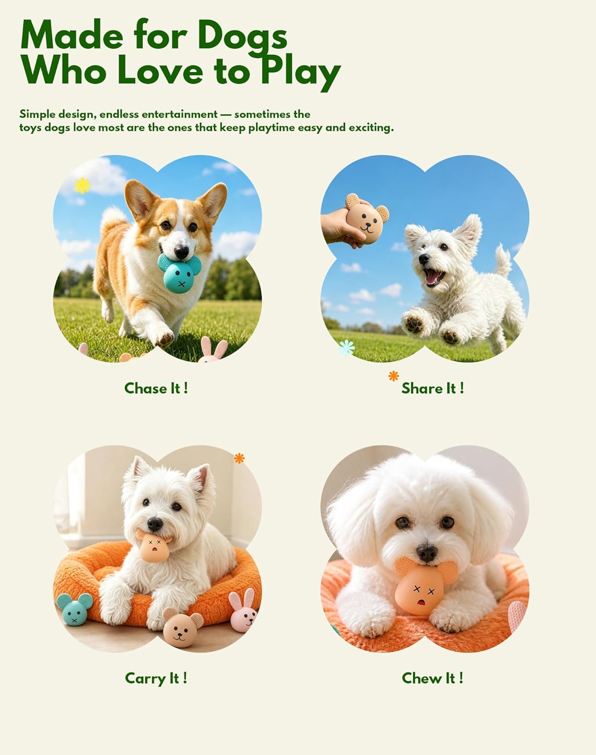 Natural Latex Dog Toys 4-in-1 Set - Bunny & Bear Face Squeaky Teething Clean Puppy Toys, Non-Toxic Fresh Scented Calming Toys for Small Medium Dogs, Interactive Pet Toys with Funny Faces Gift Pack - Image 8