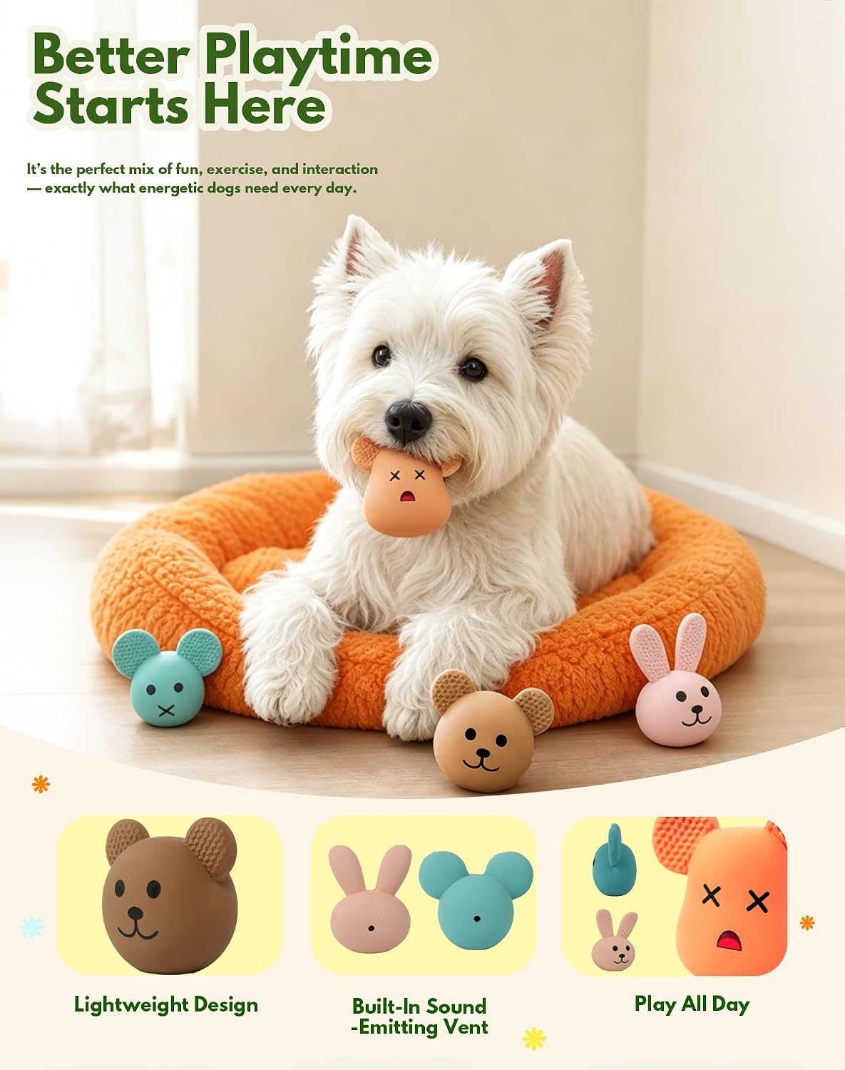Natural Latex Dog Toys 4-in-1 Set - Bunny & Bear Face Squeaky Teething Clean Puppy Toys, Non-Toxic Fresh Scented Calming Toys for Small Medium Dogs, Interactive Pet Toys with Funny Faces Gift Pack - Image 6