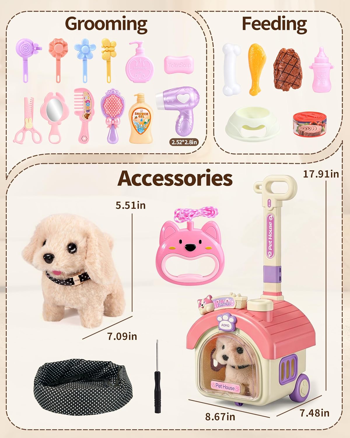 23Pcs Dog Toys for Kids Girls, Walking Barking Interactive Realistic Stuffed Dog with Portable Puppy Stroller & Accessories Toys, Pretend Puppy Pet Care Playset Gifts for Little Girls 3 4 5 6 Year Old - Image 7